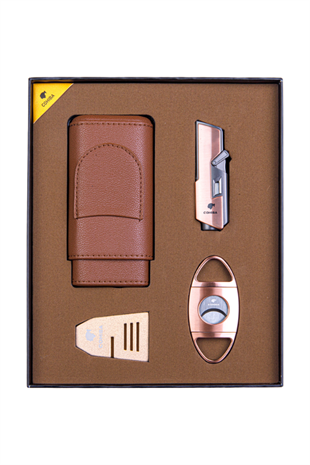 Cohiba Çakmak Kesici Kılıf Sehpa Bronz-Taba Dörtlü Puro Seti