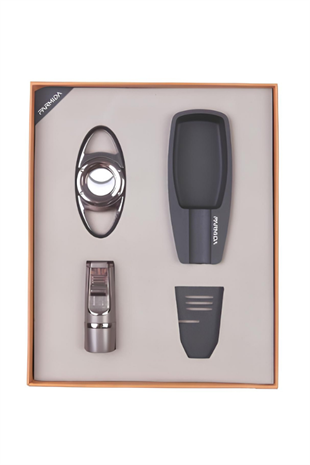 Parmida Çakmak Kesici Küllük Sehpa Dörtlü Siyah-Gunmetal Puro Seti