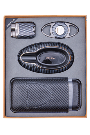 Parmida Çakmak Kesici Kılıf Küllük Dörtlü Karbon Desenli Puro Seti