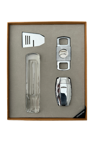 Parmida Çakmak Kesici Küllük Sehpa Dörtlü Gümüş Puro Seti