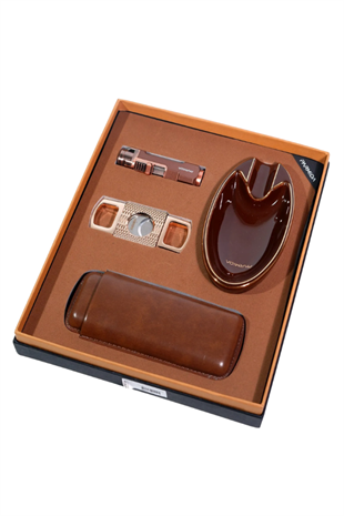 Parmida Çakmak Kesici Küllük Kılıf Dörtlü Kahverengi Puro Seti