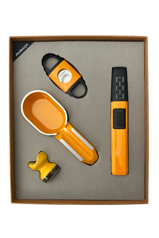 Parmida Masa Tipi Çakmak Kesici Küllük Sehpa Turuncu-Siyah Dörtlü Puro Seti