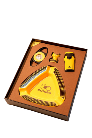 Cohiba Çakmak Kesici Küllük Sehpa Dörtlü Sarı Puro Seti