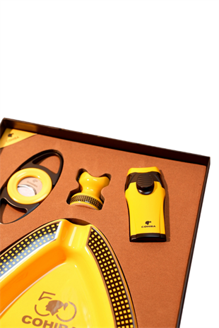 Cohiba Çakmak Kesici Küllük Sehpa Dörtlü Sarı Puro Seti