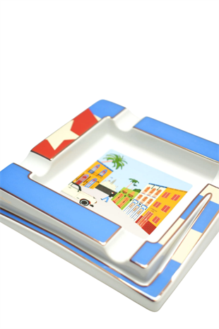 Parmida Küba Bayraklı Desenli Dörtlü Porselen Puro Küllüğü