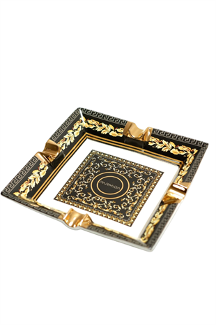 Parmida Siyah Gold Şeritli Desenli Dörtlü Porselen Puro Küllüğü