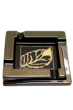 Parmida Siyah Gold Şeritli Yaprak Desenli Dörtlü Porselen Puro Küllüğü