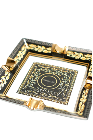 Parmida Siyah Gold Şeritli Desenli Dörtlü Porselen Puro Küllüğü