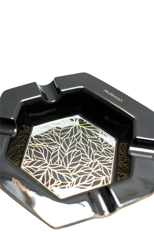 Parmida Siyah Gold Şeritli Desenli Dörtlü Porselen Puro Küllüğü