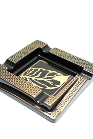 Parmida Siyah Gold Şeritli Yaprak Desenli Dörtlü Porselen Puro Küllüğü