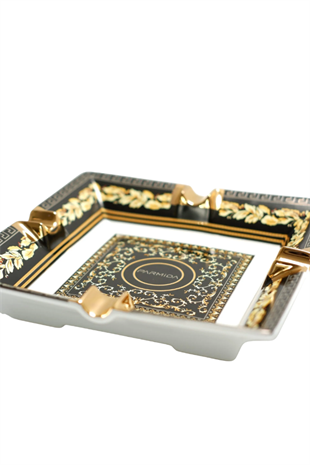 Parmida Siyah Gold Şeritli Desenli Dörtlü Porselen Puro Küllüğü