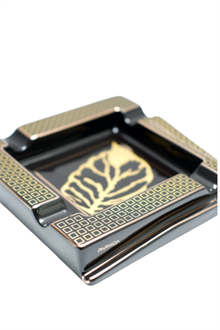 Parmida Siyah Gold Şeritli Yaprak Desenli Dörtlü Porselen Puro Küllüğü