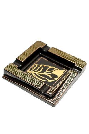 Parmida Siyah Gold Şeritli Yaprak Desenli Dörtlü Porselen Puro Küllüğü