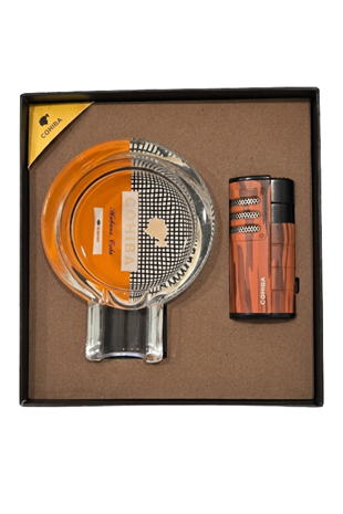 TR9838,Cohiba 3 Torch Kamuflaj Çakmak Kristal Küllük İkili Puro Seti