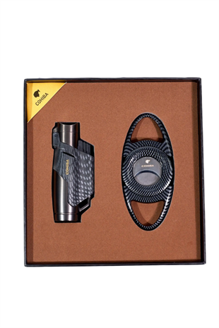 Cohiba Çakmak Kesici İkili Karbon Desenli Gunmetal Puro Seti