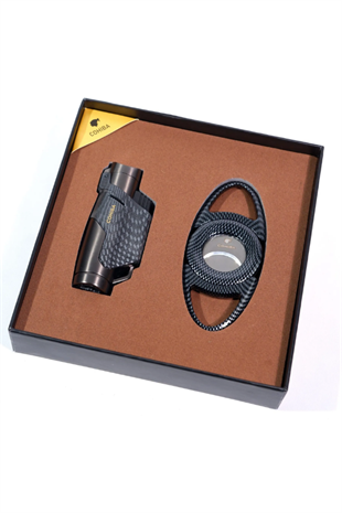 Cohiba Çakmak Kesici İkili Karbon Desenli Gunmetal Puro Seti