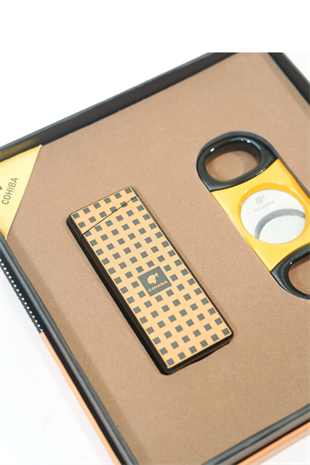 Cohiba Tek Torch Dama Desenli Çakmak Sarı Siyah Kesici İkili Puro Seti