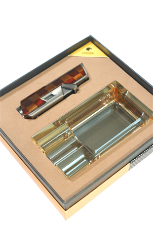 Cohiba Tek Torch Dama Desenli Çakmak Kristal Tekli Küllük İkili Puro Seti