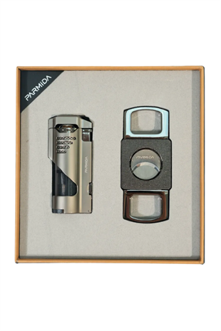 Parmida 3 Torch Gunmetal Çakmak Gunmetal Kesici İkili Puro Seti