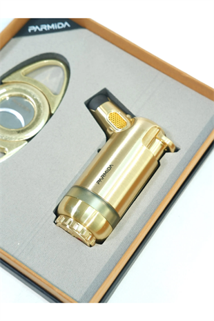 Parmida 3 Torch Gold Masa Tipi Çakmak Fırçalı Gold Kesici İkili Puro Seti
