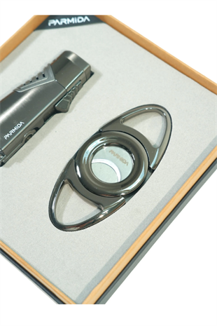 Parmida 3 Torch Gunmetal Çakmak Gunmetal Kesici İkili Puro Seti