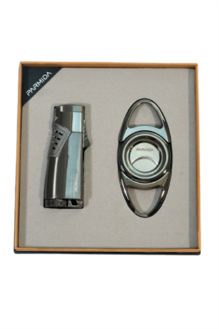 Parmida 3 Torch Gunmetal Çakmak Gunmetal Kesici İkili Puro Seti