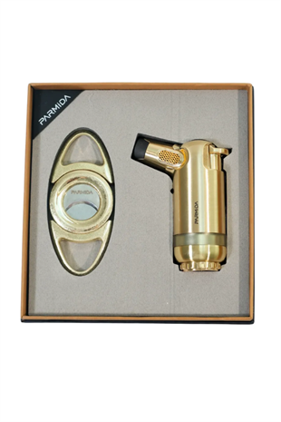 Parmida 3 Torch Gold Masa Tipi Çakmak Fırçalı Gold Kesici İkili Puro Seti