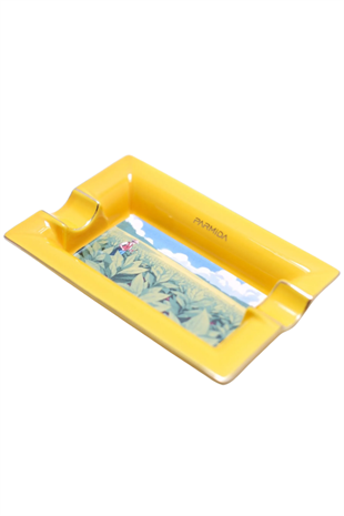 Parmida Sarı Gold Şeritli Tarla Desenli İkili Porselen Puro Küllüğü