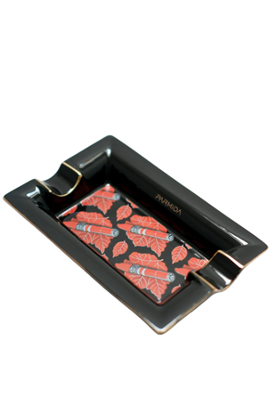 Parmida Siyah Gold Şeritli Puro Desenli İkili Porselen Puro Küllüğü