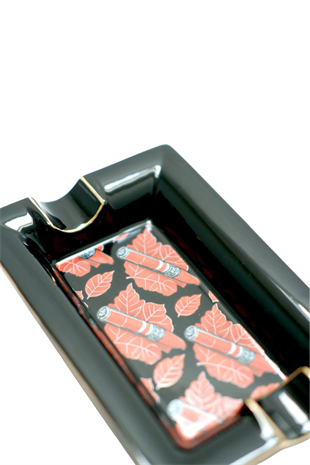 Parmida Siyah Gold Şeritli Puro Desenli İkili Porselen Puro Küllüğü