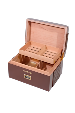 Parmida Kahverengi Deri Şeritli Çekmeceli  Sedir Humidor Puro Kutusu