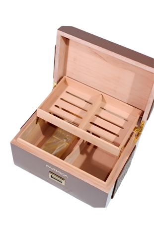 Parmida Kahverengi Deri Şeritli Çekmeceli  Sedir Humidor Puro Kutusu