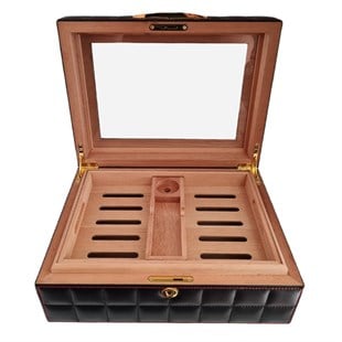 Lubinski Deri Camlı Humidor Puro Kutusu Siyah 50s