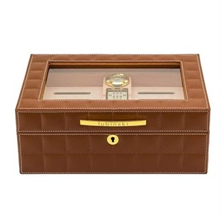 Lubinski Deri Camlı Humidor Puro Kutusu Kahverengi 50s