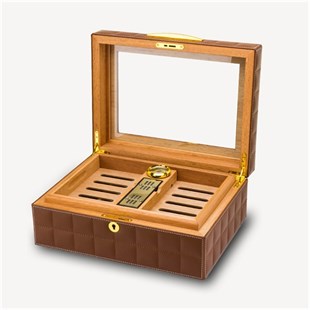 Lubinski Deri Camlı Humidor Puro Kutusu Kahverengi 50s