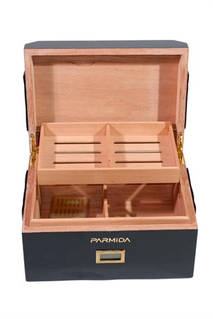 Parmida Siyah Deri Şeritli Çekmeceli Sedir Humidor Puro Kutusu