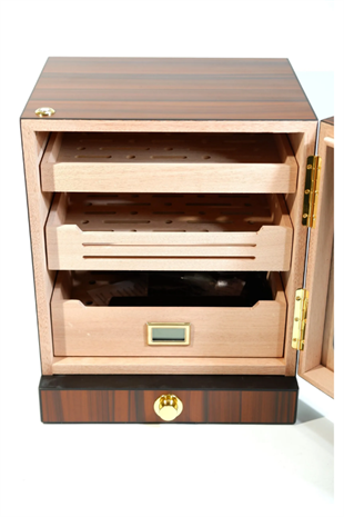 PremiumQuality Las Condes Aksesuar Çekmeceli İçi Ledli Kahverengi Sedir Humidor Puro Kutusu