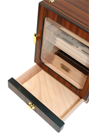 PremiumQuality Las Condes Aksesuar Çekmeceli İçi Ledli Kahverengi Sedir Humidor Puro Kutusu