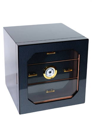 PremiumQuality Teresina Siyah Karbon Desenli Sedir Humidor Puro Kutusu