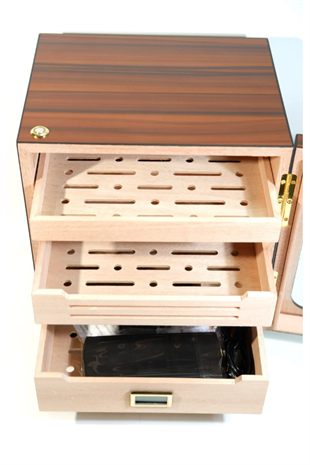 PremiumQuality Las Condes Aksesuar Çekmeceli İçi Ledli Kahverengi Sedir Humidor Puro Kutusu