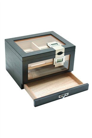 PremiumQuality Providencia Çift Nem Ölçerli Siyah Sedir Humidor Puro Kutusu