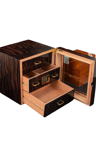 PremiumQuality Arica 3 Çekmeceli Kahverengi Sedir Humidor Puro Kutusu
