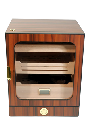 PremiumQuality Las Condes Aksesuar Çekmeceli İçi Ledli Kahverengi Sedir Humidor Puro Kutusu