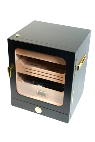 PremiumQuality Las Condes Aksesuar Çekmeceli İçi Ledli Siyah Sedir Humidor Puro Kutusu