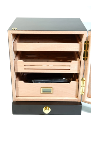 PremiumQuality Las Condes Aksesuar Çekmeceli İçi Ledli Siyah Sedir Humidor Puro Kutusu