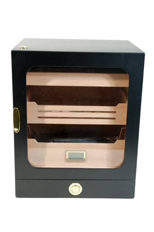 PremiumQuality Las Condes Aksesuar Çekmeceli İçi Ledli Siyah Sedir Humidor Puro Kutusu