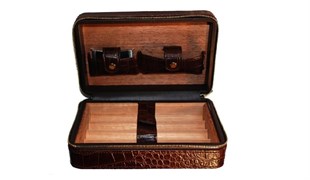 Cohiba Yılan Desenli Kahverengi Deri Puro Taşıma Çantası