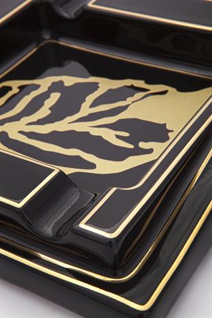 Parmida Puro Yaprağı Desenli Siyah Dörtlü Porselen Puro Küllüğü