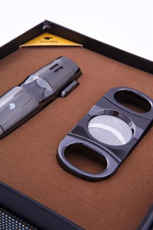 Cohiba 3 Torch Çakmak Kesici İkili Gunmetal Puro Seti