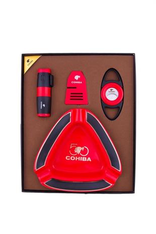 Cohiba Çakmak Kesici Puro Tutucu Masa Küllük Dörtlü Kırmızı Puro Seti
